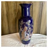 11" Japanese Peacock & Floral Vase Cobalt Blue