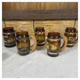 (5) Vintage Amber Glass Souvenir Barrel Mugs