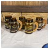 (5) Vintage Amber Glass Souvenir Barrel Mugs