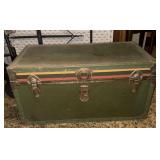 Olive-Green Vintage Flat-Top Steamer Trunk