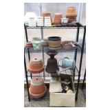 ASSORTED GARDEN POTS & METAL SHELF