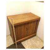 WOOD CABINET, CHAIR & RUG