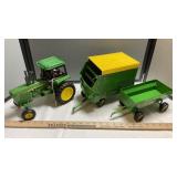3-JD TOYS 4450 TRACTOR, FLARE BOX, FORAGE WAGON