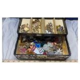 JEWELRY BOX W/AVON BRAND PINS & COSTUME JEWELRY