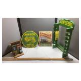 (2) JOHN DEERE METAL SIGNS, FISHING ROD HOLDER &