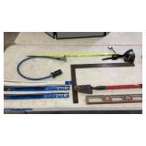 LEVEL, SQUARE, TRAILER PLUG, GARDEN SHOVEL & MISC.