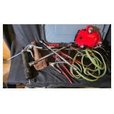 Emercency car kit, jumper cables, jack in tote