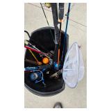 8 fishing poles, buckets, net and paddle