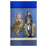 (2) AFRICAN FACE MASKS AND BUFFALO FIGURINE