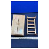 WOOD DOLL BED, ARMOIRE & DOLL TABLE