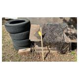 DOG HOUSE, TARP, TIRES & MISC. SCRAP WOOD