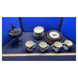 (16) MARSEILLES DISHES & BLACK GLASS COMPOTE