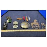 BELT BUCKLES, POCKET KNIVES & CASTIRON HORSE
