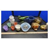 FIRE KING GLASSES, GOBLETS, OWL JAR & MISC GLASS