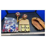 POKER CHIPS, BASEBALL GLOVE, GLASS JAR & MORE