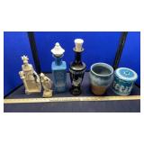 DECANTERS,  ALABASTER FIGURES & POT