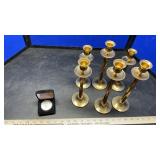 JOHN ELWAY COIN, BRASS CANDLE HOLDERS & KNIFE