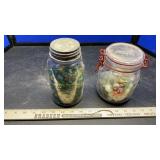 (2) JARS OF MARBLES, PHARMACY BOTTLES & SMALL TOYS