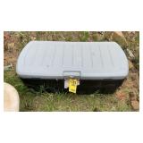 RUBBERMAID TOTE, GARDEN HOSE & FLOWER POTS