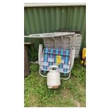 (2) LAWN CHAIRS, LP BOTTLE, SAW HORSE LEGS &