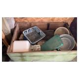 WOODEN CRATE WITH BUCKET, COOKIE SHEEP AND MORE