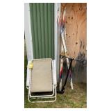 LAWN CHAIR, SKIS & BIKE RACK