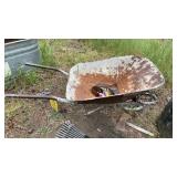 WHEELBARROW, PLASTIC BIN AND YARD TOOLS
