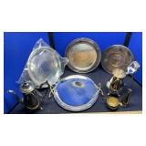 SILVER PLATE POTS, PLATTERS, BUTTER DISH &