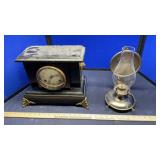 WALL HANGING OIL LAMP & WATERBURY MANTLE CLOCK