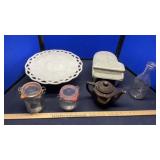 CANISTERS, MIXER, PIANO COOKIE JAR & MISC. GLASS