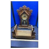 (4) WALL CLOCKS & WOOD SHELF