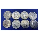 2 FRANKLIN 1/2 DOLLARS & 6 KENNEDY 1/2 DOLLARS