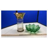 TRUMPET STYLE VASE & GREEN PRESSED GLASS BOWL