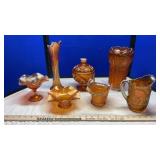 CARNIVAL GLASS VASE, BOWL & RUFFELD DISHES