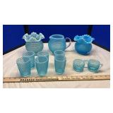 ASSORTED BLUE OPALESCENT HOBNAIL GLASS