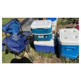 (4) COOLERS & CAMP CHAIR
