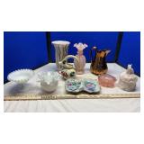 POWDER JAR, MILK GLASS & VASES