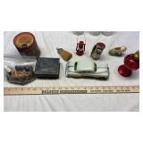 OIL LAMP, PONTIAC TOY CAR, INSULATORS & MISC.