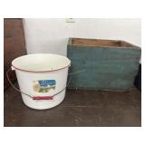 Antique Wooden Box &  Porcelain Enamel Bucket