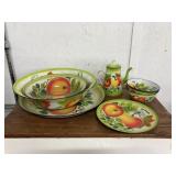 Enamel  Serving Tray, Bowls, Coffee Pot, Pkate