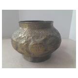 Metal Pot. Fish Motif. 7 In Tall. 10 In Diameter.