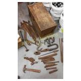 Old wood tool box with tools. Chisels hammerheads Old wood tool box with tools. Chisels hammerheads