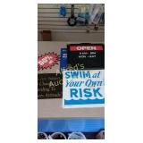 Group of signs. 50% off, open sign board, prices Group of signs. 50% off, open sign board, prices