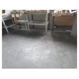TWO TABLES, 3 SHELVES, MISC BACKING BOARDS