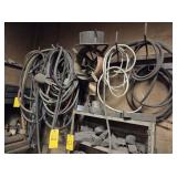 WELDING LEADS, WIRE, HOSES, MISC ON WALL RACK