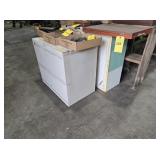3 CABINETS, WOOD SHELF, METAL ROLLER CART