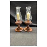 2 Wooden and Glass Candlestick holders with Hurri