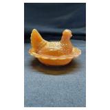 Indiana Amber Carnival Glass Hen on Nest