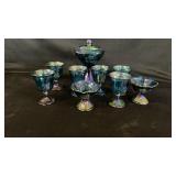 10 Pieces of Blue Irridescent Carnival Glass