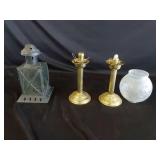 2 Brass Candleholders (one has globe)